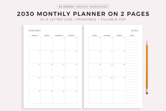 Download 2030 Monthly Planner on Two Pages - Premium Resources