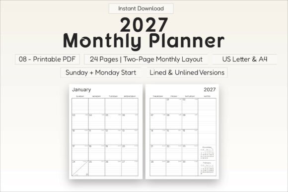 Download 2027 Monthly Planner Printable PDF - Monthly planner Collection