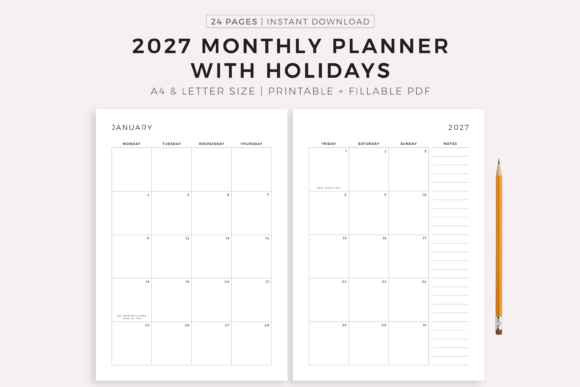 Download 2027 Monthly Planner with Holidays - Monthly planner Collection